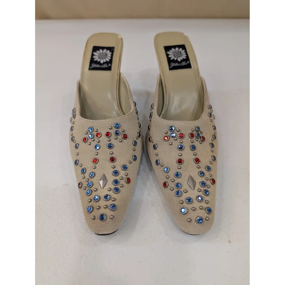 Yellow Box Jody Embellished Rhinestone Square Toe Beige Heel Mules Size 7.5 - Picture 1 of 9